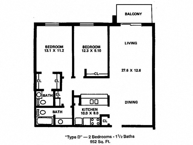 Floor plan for 2 beds, 1.5 baths, 952 sqft